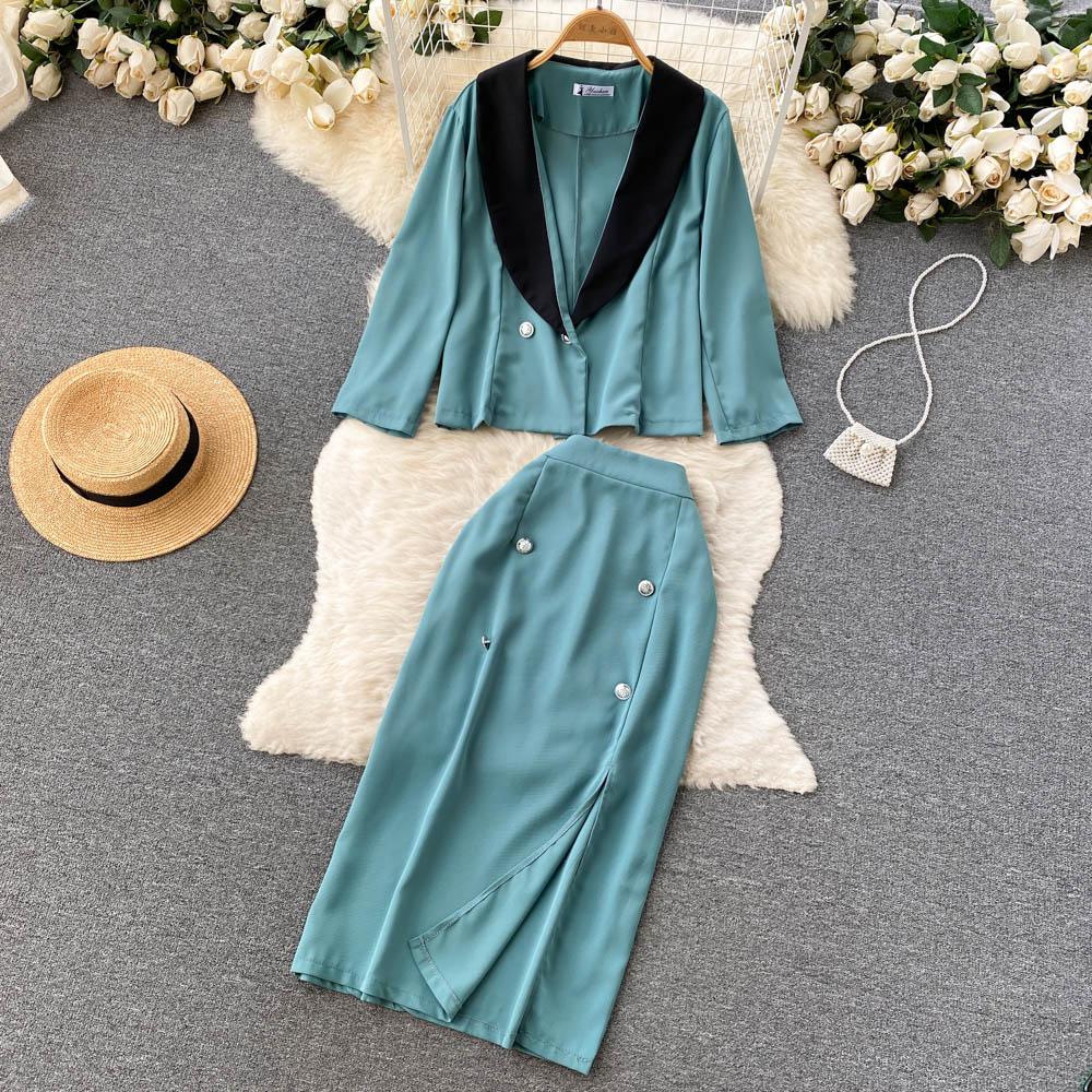 High-End Two-Piece Suit Women's Summer Style Contrast Color Suit Jacket High Waist Mid-Length Slit Skirt