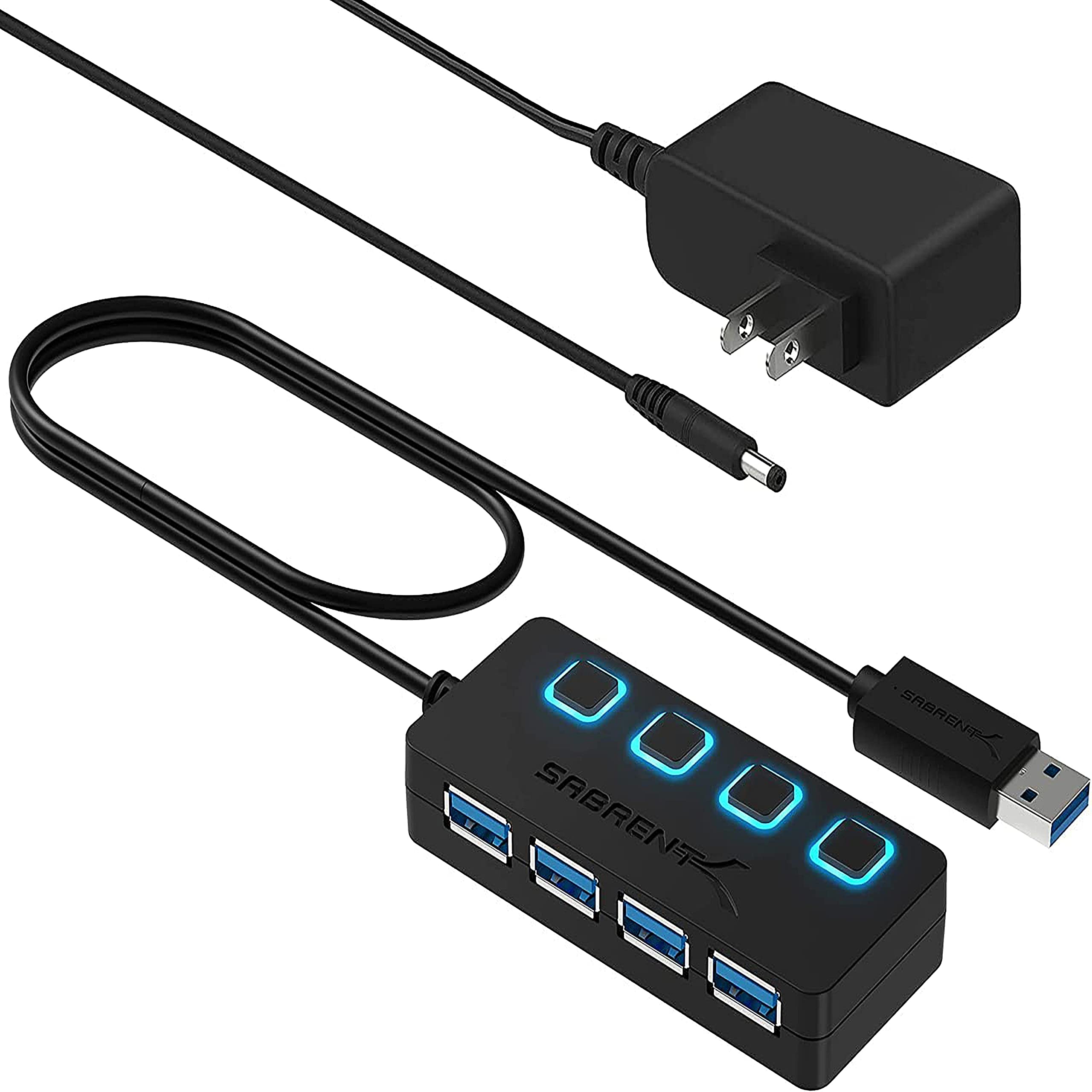 

USB-хаб SABRENT с блоком питания 4 порта с адаптером питания LED-индикатор питания SuperSpeed 5 Гбит/с для Совместим с системами Windows и Mac Длина 3.0,