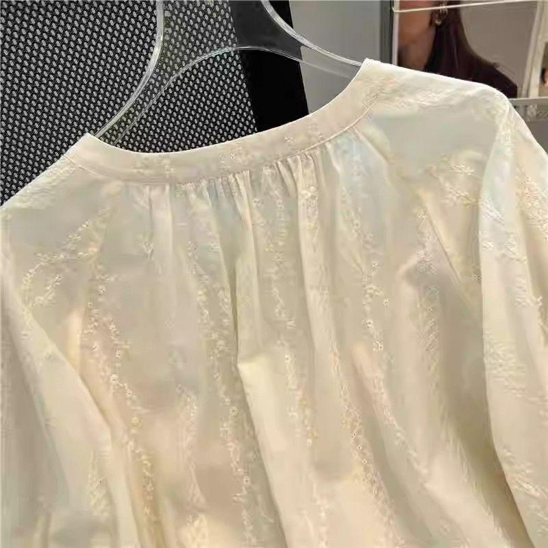 Damska francuska retro żakardowa bawełniana bluzka babydoll z haftem w kolorze morelowym