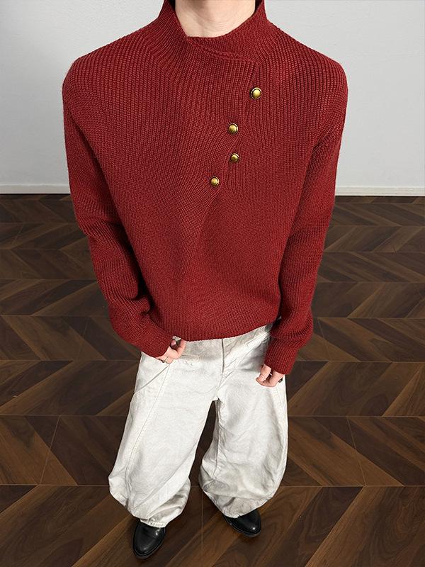Hoge Hals Trui voor Mannen in Koreaanse Stijl met Onregelmatig Knopenontwerp - Trendy, Cool, Casual Gebreide Top
