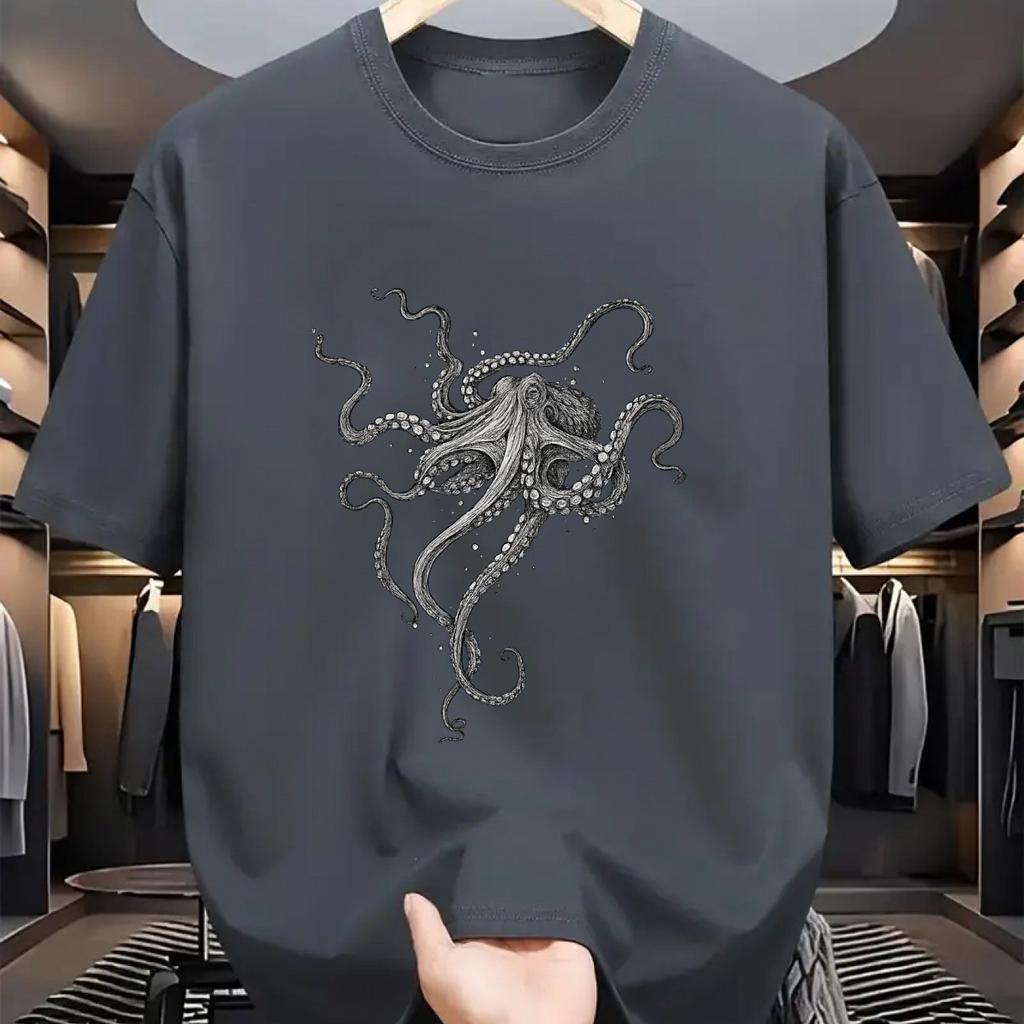 Men Vintage Octopus Print T-Shirt Hand-Drawn Style Breathable Comfortable Casual Short Sleeve Round Neck