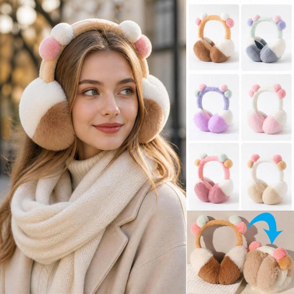 Fluffy Plush Ear Warmers Two Tone Foldable Ear Muffs Fashion Pom Pom Earmuffs  Winter Outdoor