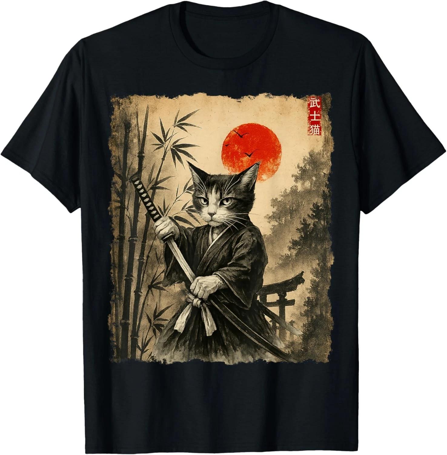 Samurai Cat Japanese Art Men Boys Funny Graphic Tee Anime T-Shirt unisex T-Shirt L