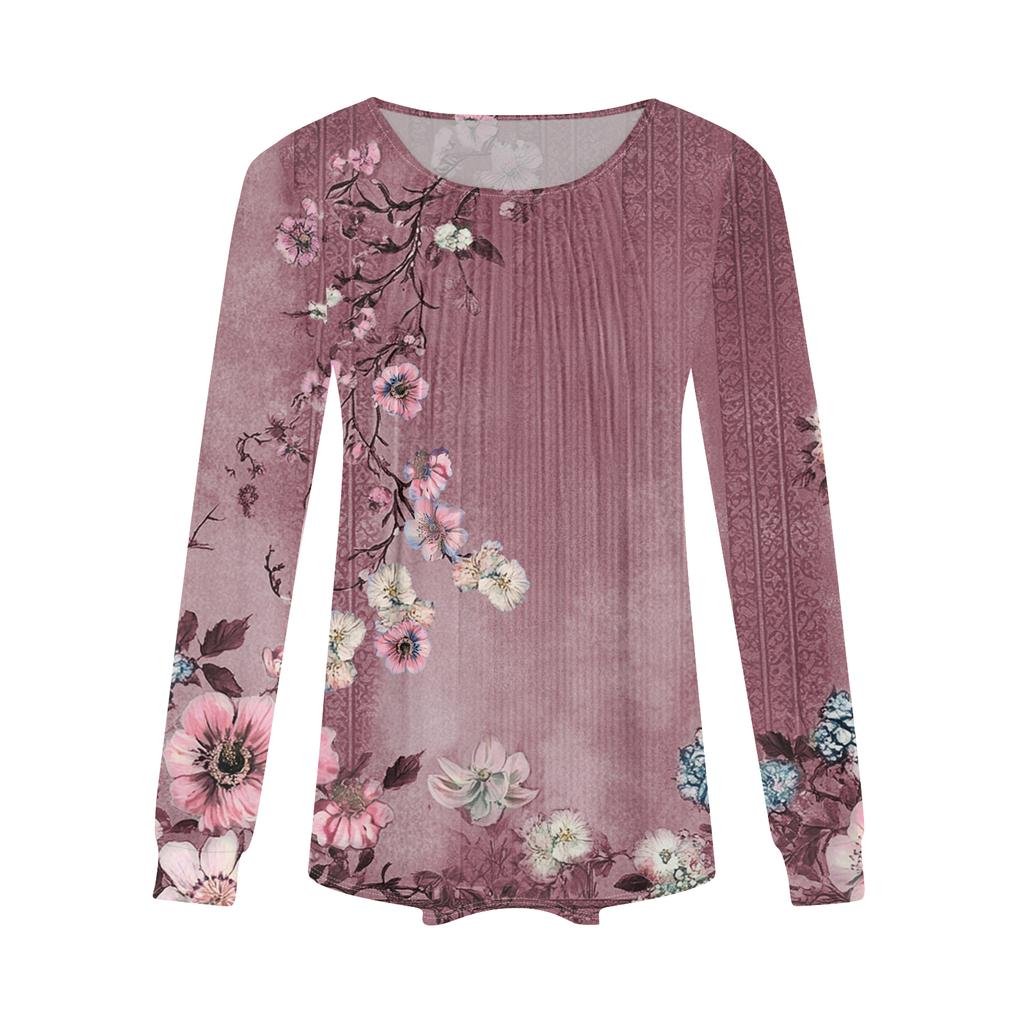 Damenmode Lässig Plissiert Rundhals Vintage Blumendruck Langarm T-Shirt Top