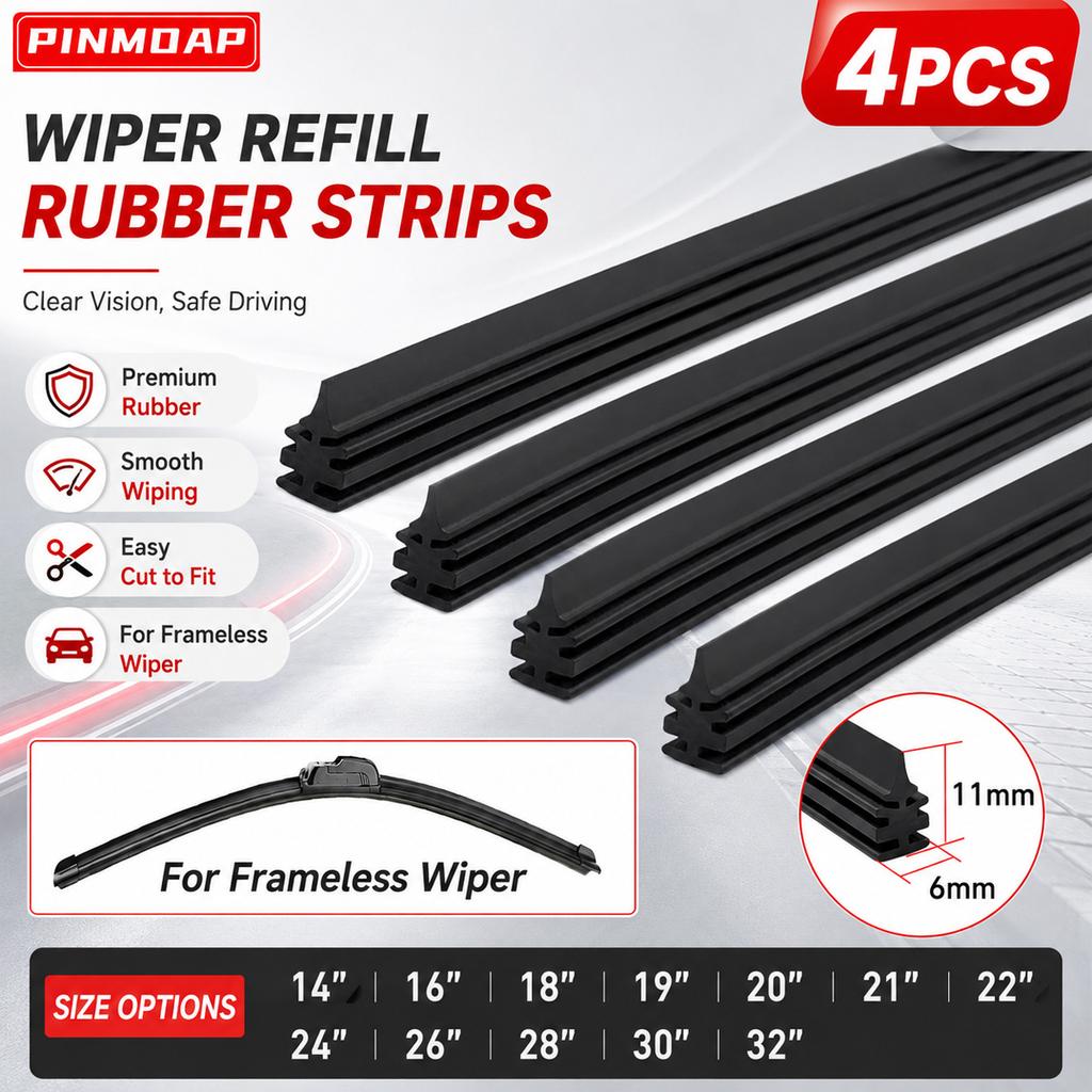 PINMOAP 4PCS Frameless Wiper Rubber Filling Strip 6mm Car Wiper Plug-In Replacement Strip 14"16"18"19"20"21"22"24"26"28"30"32"