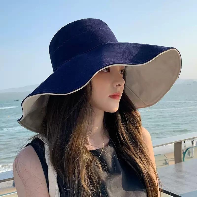 Women's large brim bucket hat UV protection face cover sun hat fashion sunshade basin hat embroidery