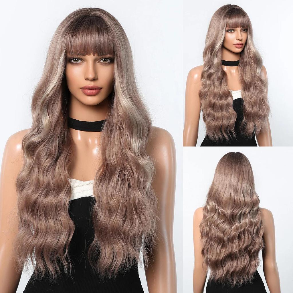 ALAN EATON Light Ash Blonde Wavy Synthetic Wigs Long Ombre Fake Hair Wave Wig with Bangs Heat Resistant Daily Wig for Women Use