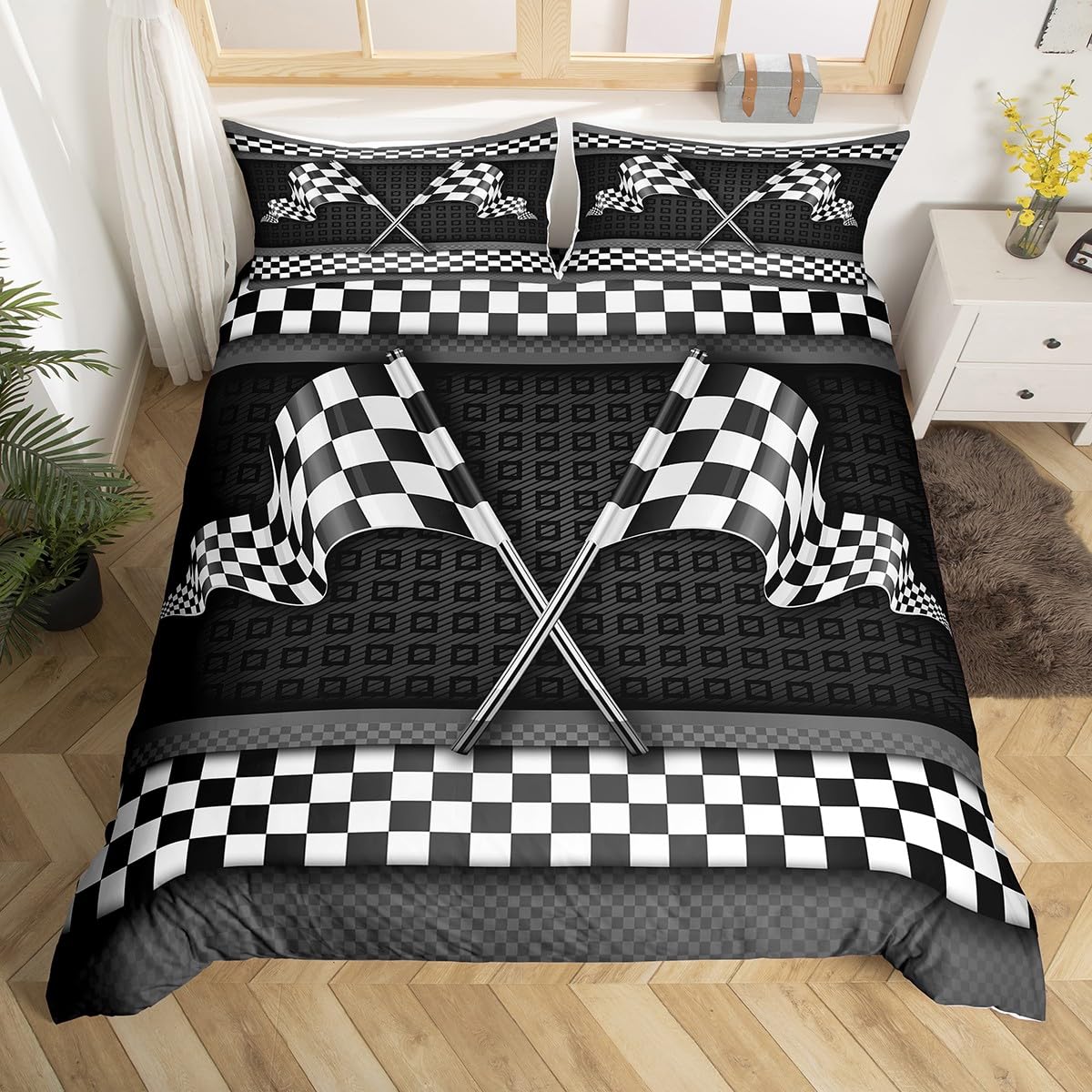

Checkered Flag Duvet Cover Sets For Teens Adults Queen Lightweight Quilt Covers Racing Themed Bedding Set Bedroom Decor No Quilt EU Single(135x200cm)
