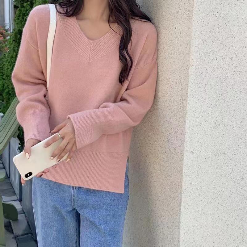 

Женский вязаный свитер с V-образным вырезом - осень/зима в корейском стиле, однотонный One Size