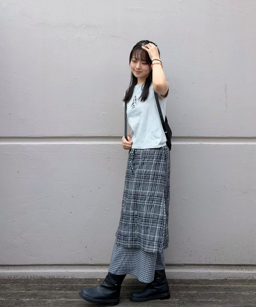 Plasma Sphere Duplex Stud Cross Eyelet Check Layered Long Wrap Skirt_2 Colors