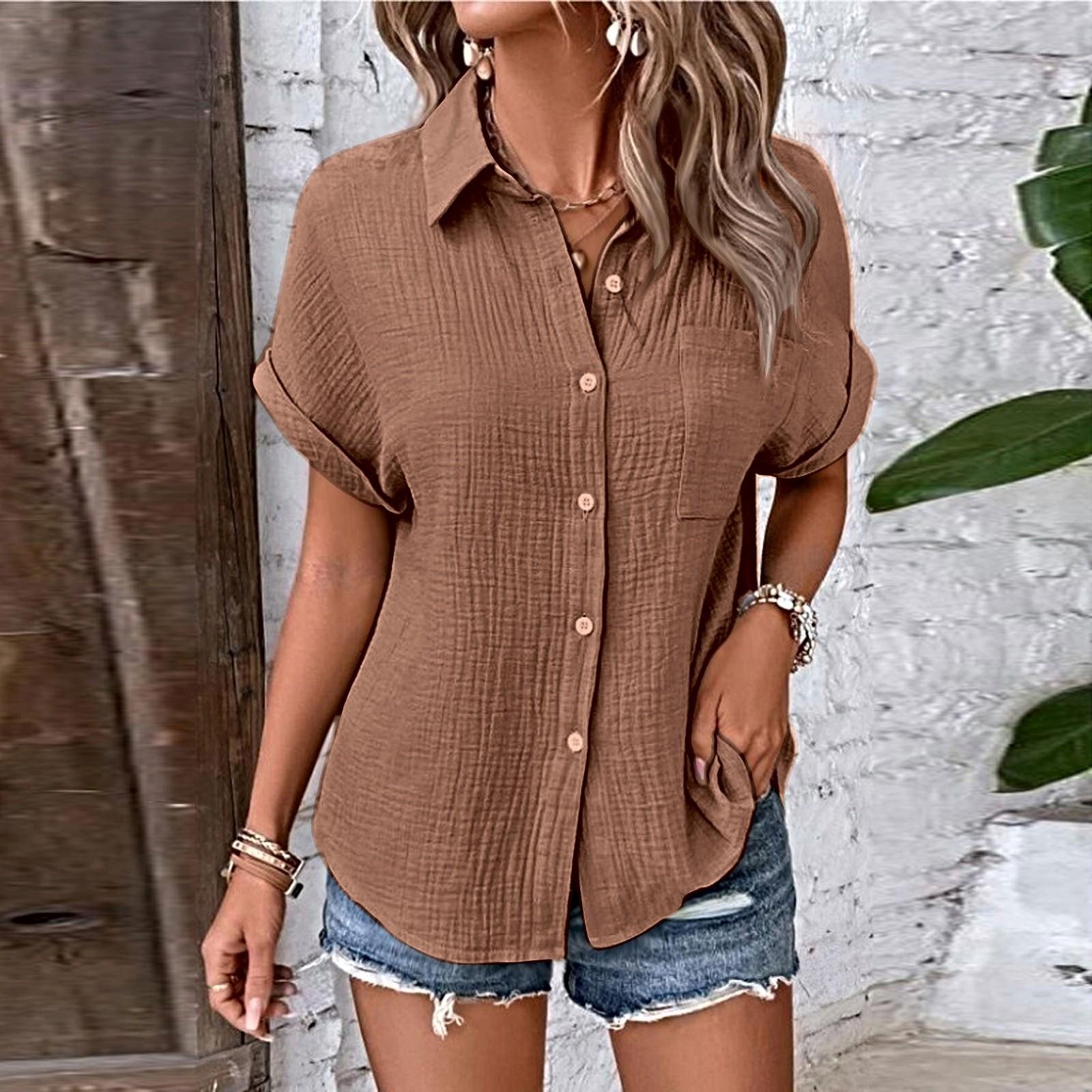 

Женские рубашки на пуговицах с коротким рукавом, повседневная рубашка с воротником, свободные блузки, однотонные топы с карманом XL кофейный