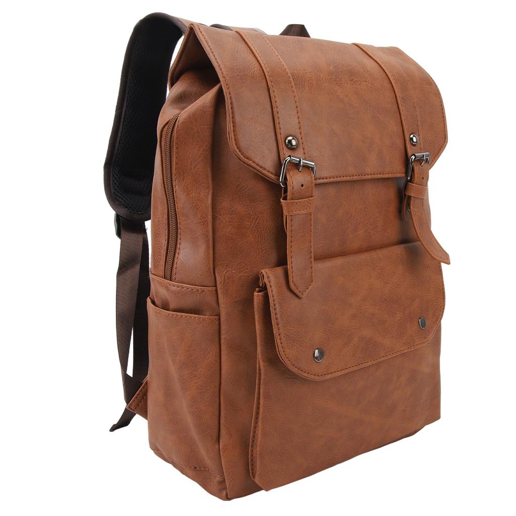 Men Backpack Vintage Style Soft PU Leather Large Capacity Fashionable Shoulders Bag for Travel Business Light Brown