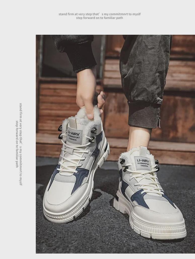 Thick Plush Cotton High-Top Canvas Shoes for Teens: Sporty, Comfortable, Height-Boosting White Sneakers for Winter