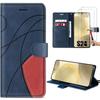 Wallet Case - Samsung - Galaxy S24 - Navy Blue Leather - 2 Tempered Glasses - Anti-Scratch