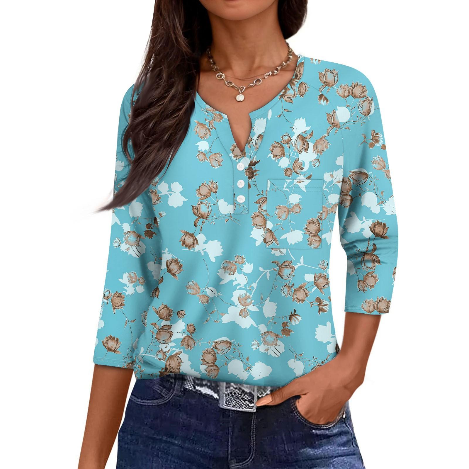 

Женская повседневная мода V-образный вырез свободный универсальный цветочный принт рукава три четверти M синий