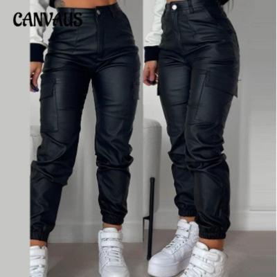 Herbst und Sommer Damen Hose Biker Reißverschluss Faltentaschen Mode PU Casual Patch Taschen Enge Hose mit kleinem Bein