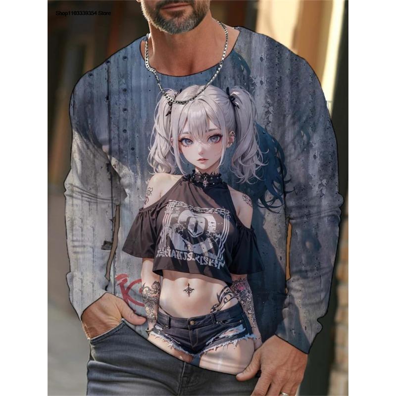 Anime Girl Graphic 3D Printed Top Casual Long Sleeved Men's T-shirts - Soft Medium Stretch Polyester Fabric Spring and Autumn Relaxed Fit Clothing