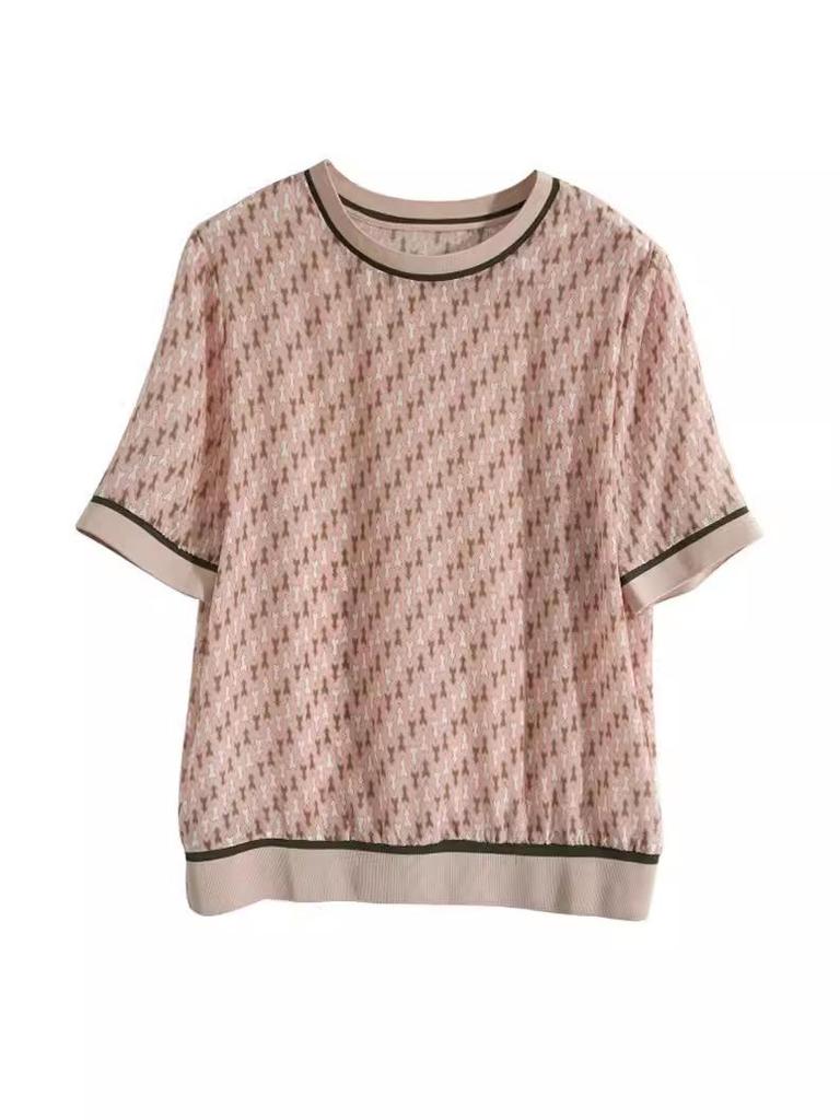 Damen Pinkes Seiden-T-Shirt mit geometrischem Druck - Kurzärmelig, Rundhalsausschnitt, Sommerstil