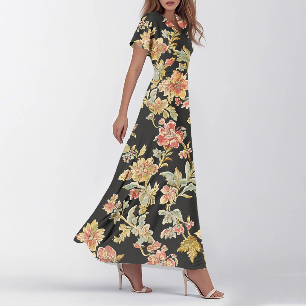 Kjole med korte ermer og V-hals for kvinner, sommer og avslappet mote