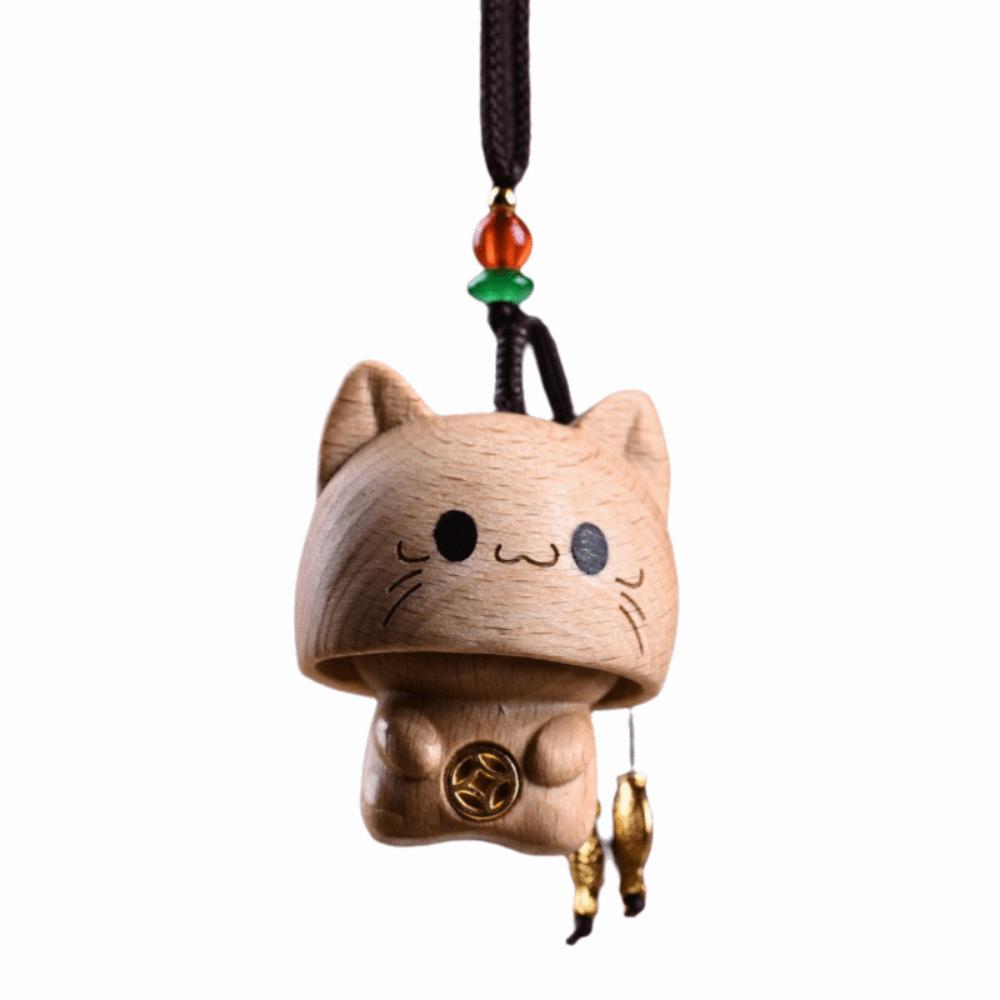 Hand-carved Wood Carving Pendant Cute Car Hanging Ornament Wooden Cat Phone Chain  Phone Accessory