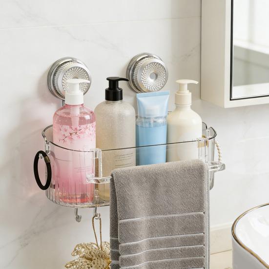 No-Drill Shower Caddy Removable Suction Cup Storage Shelf with Hooks Wall Mounted Clear Storage Box Bathroom Organizer for Shower Toiletries