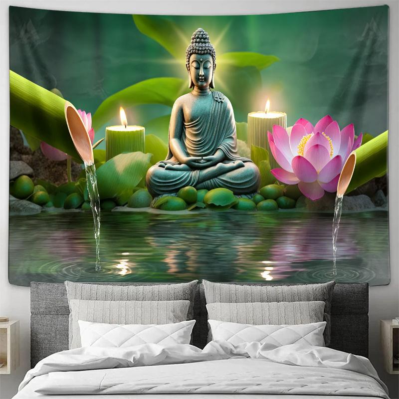 Buddha Lotus Water Candle Zen Meditation Wall Tapestry Machine Washable All Season Decor Art Print Spiritual Design Home