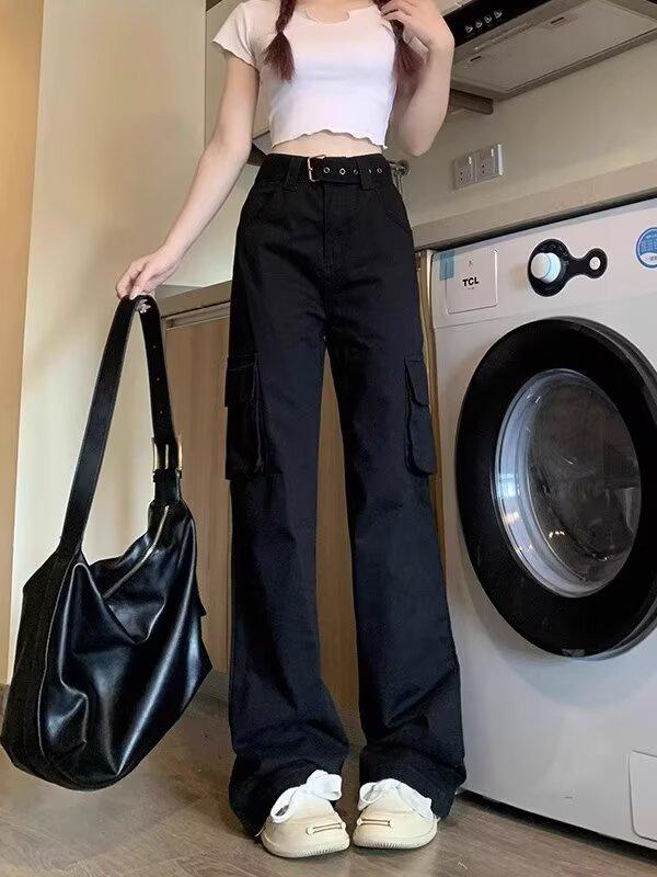 

Женские брюки карго клеш с высокой талией 2025: Микро-клеш, Приталенный, Многокарманный, Длина в пол, Повседневный осенний дизайн. S: Height 155-165CM (75-90 lbs) чёрный