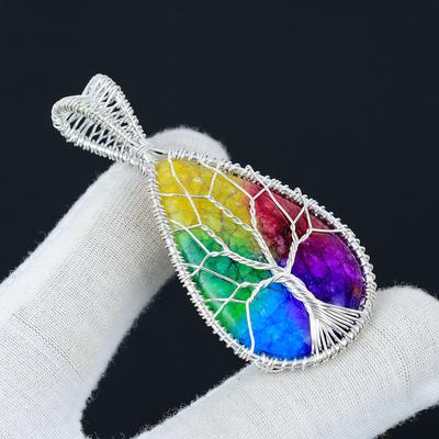 Rainbow Solar Pendant Natural Gemstone Handmade 925 Sterling Silver Pendant, Wire Wrapped Jewelry, Wire Wrapped Pendant Tree Of Life Jewelry
