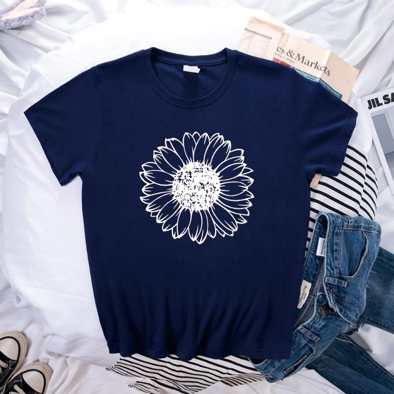Spring Women's Simple Monochrome Sunflower Pattern Printed Pullover Loose Round Neck Pure Cotton Short Sleeved T-Shirts Women’s