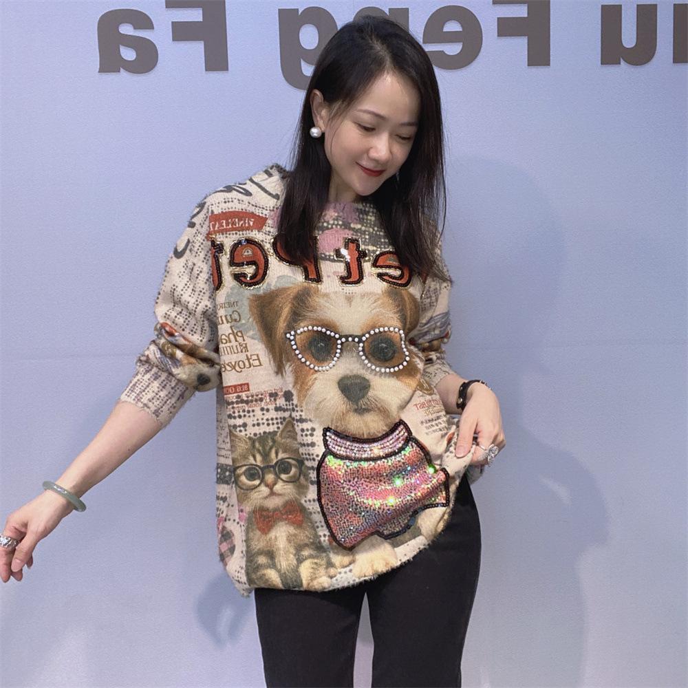 

Свитер-жакет с круглым вырезом и бисером для женской осени и зимы. Новый дизайн с трехмерным вязаным топом свободного и большого размера. One Size хаки