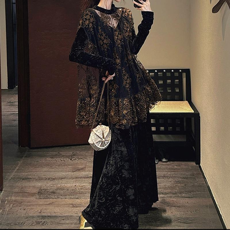 

Linlang Antique Beaded Velvet Cloak Dress - 2026 Winter Collection Medium чёрный/золотой