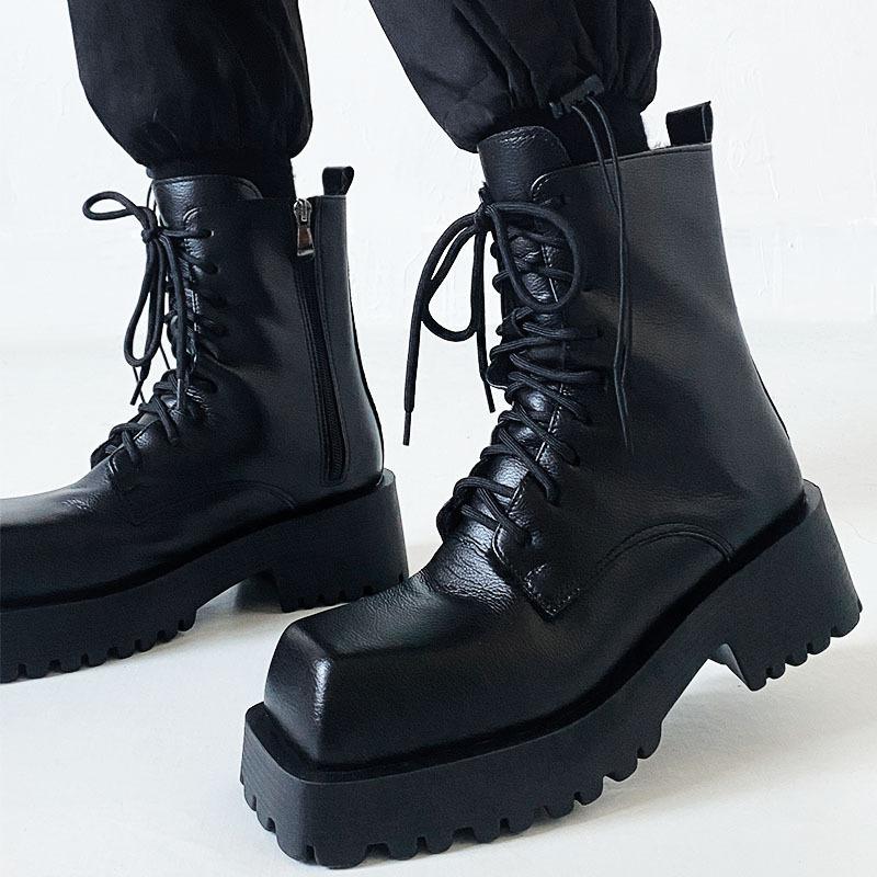 Ins British Paris Square Head Martin Boots Platform European and American Couples High Top Leather Chelsea Cigarette Boots