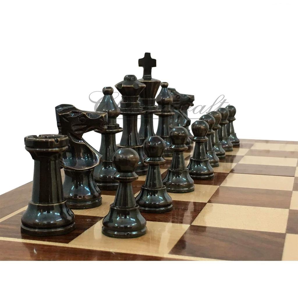 Brass Metal Staunton Chess Pieces/Coins Set with Folding Wooden Chess Board 14 Inches 2 Players (Non Magnetic)