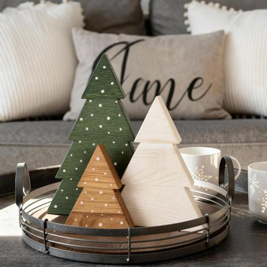 3 Pcs Christmas Tree Wooden Signs Table Decor Rustic Freestanding Xmas Tree Wood Block Sign for Winter Holiday Mantel Shelf Tabletop Tiered Tray Decor