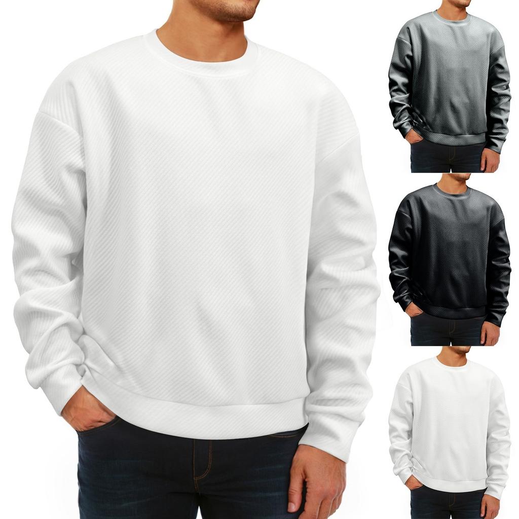 Men's Winter Solid Color Striped Casual Tops Long Sleeve Round Neck Sweatshirt