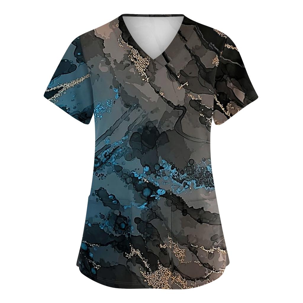 Textured Print V Neck Short Sleeve Medical Scrub Top with Double Pockets and Side Slit Hem for Healthcare Professionals