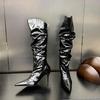 Sexy Pointed Toe Pleated Design Long Knee Boots Women  Luxury Soft Leather Thin High Heel High Boots for Women Botas Altas