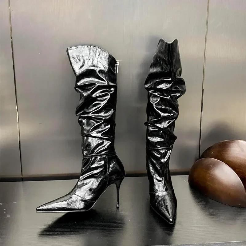 Sexy Pointed Toe Pleated Design Long Knee Boots Women  Luxury Soft Leather Thin High Heel High Boots for Women Botas Altas