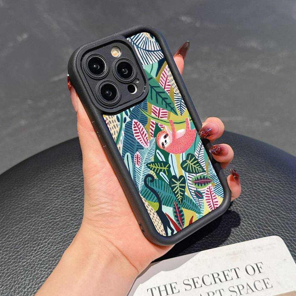 

Чехол для iPhone 17 16 15 14 13 12 11 Pro Max Plus, Черный, Полное покрытие, ТПУ, Ударопрочный, С принтом тропических джунглей, леопарда, ленивца iPhone 14 plus