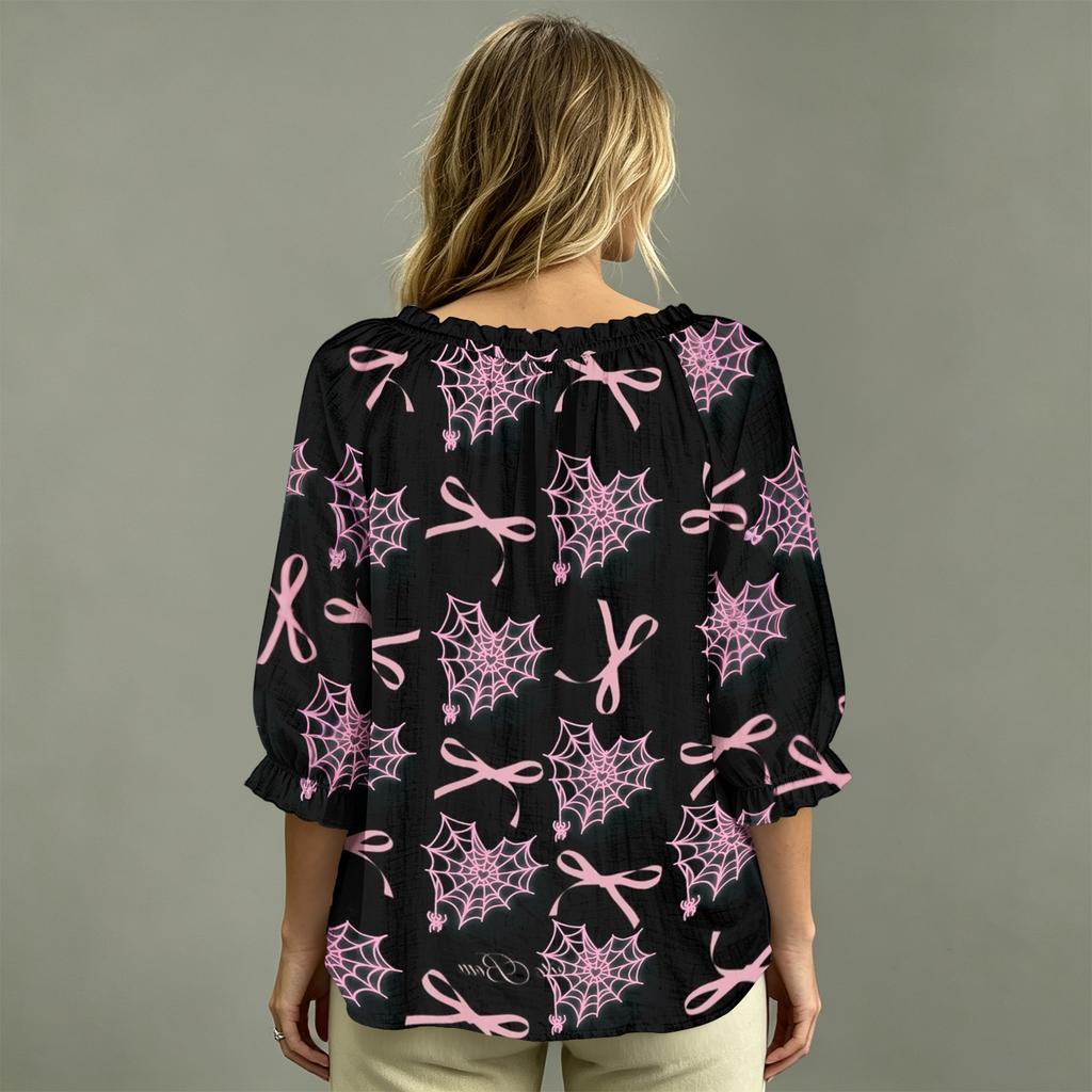Women's Casual V-Neck Printed 3/4 Sleeve Blouse with Tie Front and Ruffled Trim