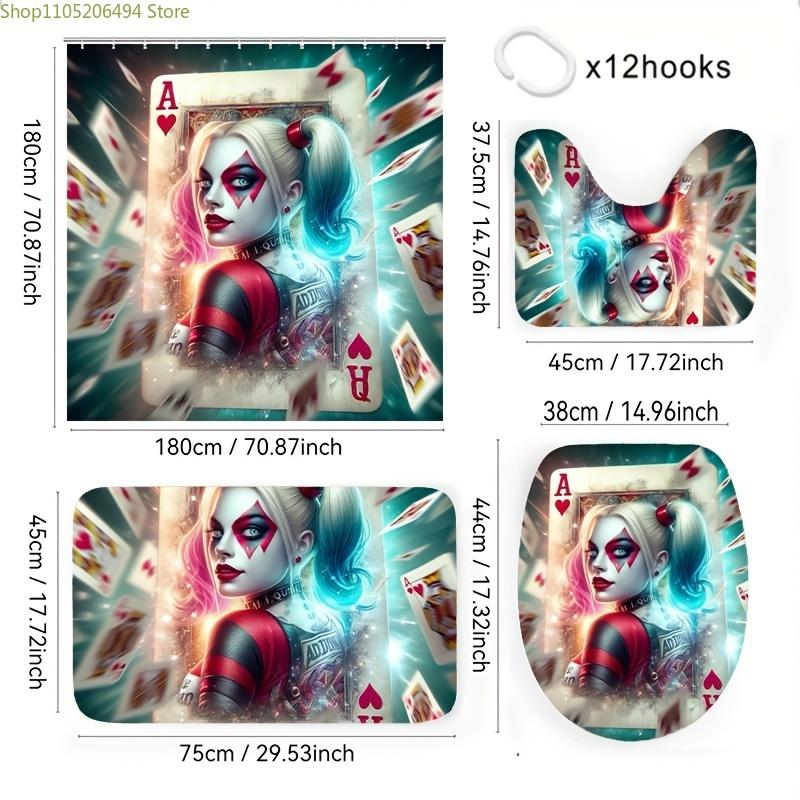 Warner Bros. 4pcs Joker & Harley Quinn Shower Curtain Set with 12 Hooks, Non-Slip Bath Mat, Toilet Lid Cover, and U-Shaped Mat
