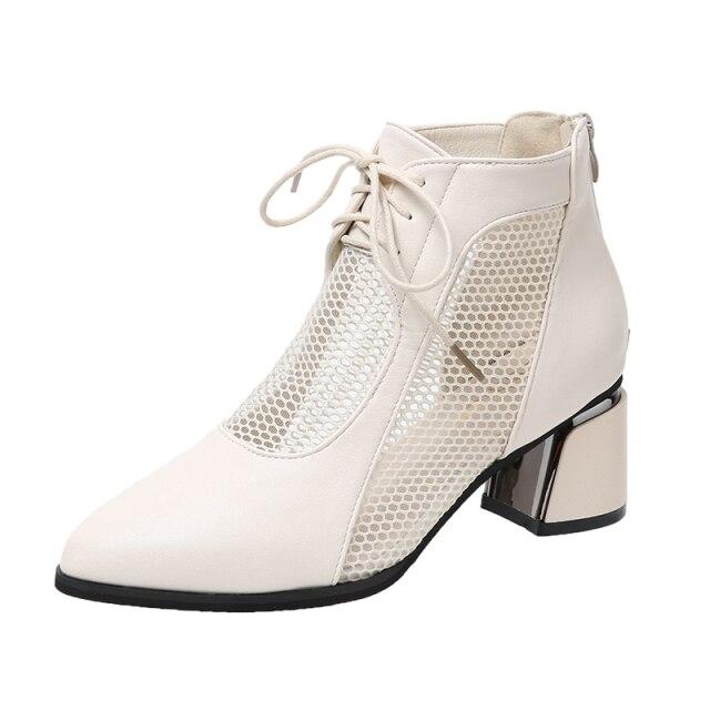 

Летние дышащие сетчатые туфли для мам, модные сандалии на молнии сзади, женские туфли на высоком каблуке с острым носком 40