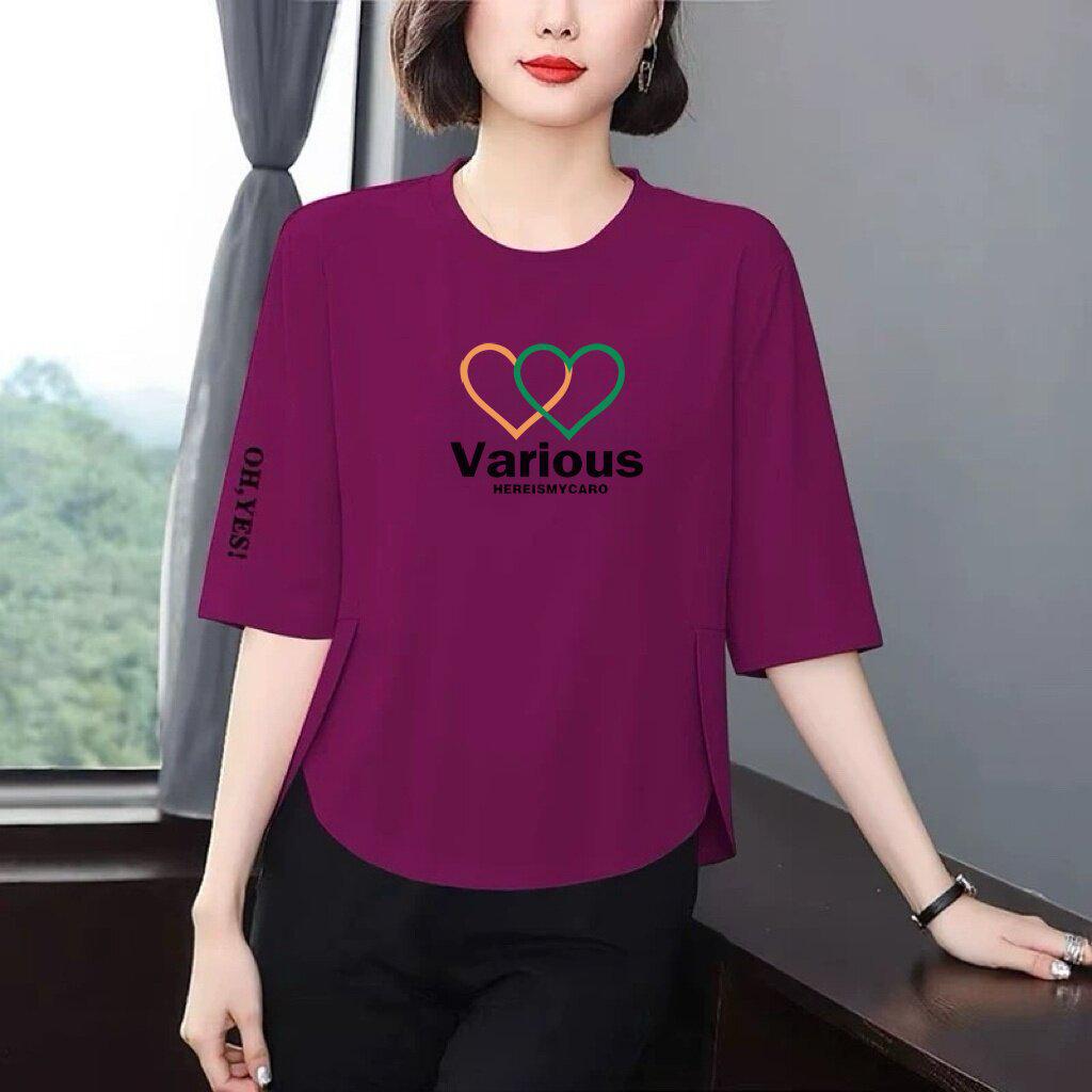 

Korean Retro Chic Women s Heart Print 3/4 Sleeve Slimming Tummy Covering Top L