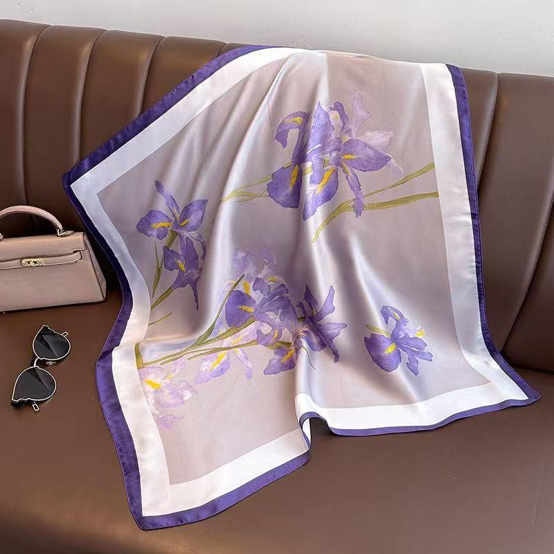 Elegant Square Silk Scarf Flower Pattern Handbag Wraps Head Handkerchief 70*70Cm Double Sides Neckerchief Women