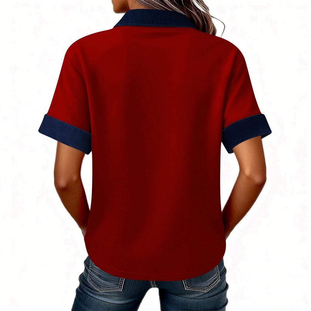 Denim Patchwork Shirts For Women Stand Collar Casual Blouse Short Sleeve Comfy Tshirt Spring Summer Fashion