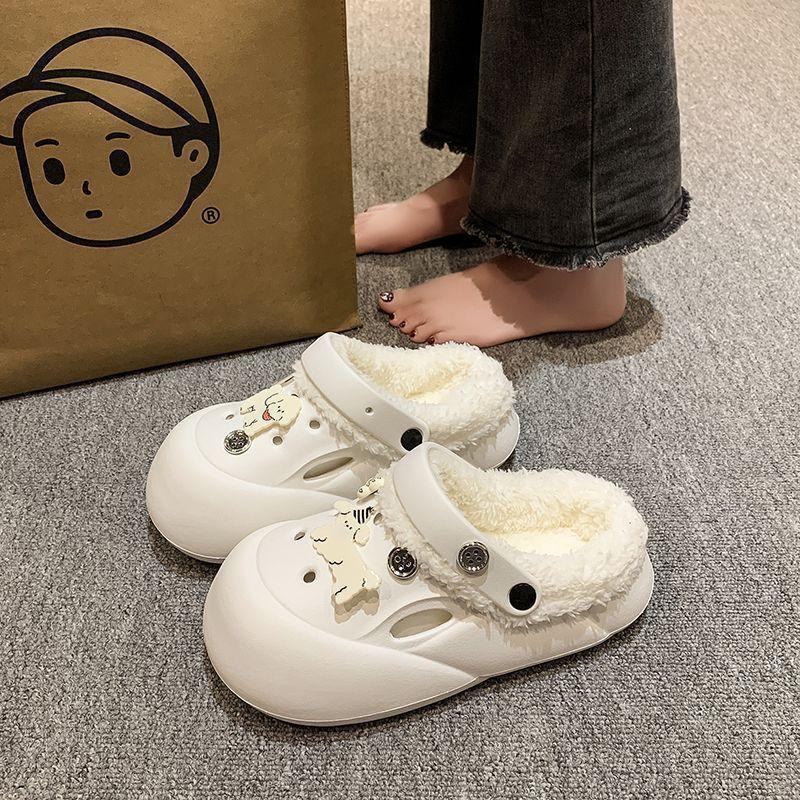 Height-increasing Cute Velvet Warm Bag Head Half Slippers Thick-soled Hole Shoes Cotton Slippers Autumn and Winter Wear 2025 New Models