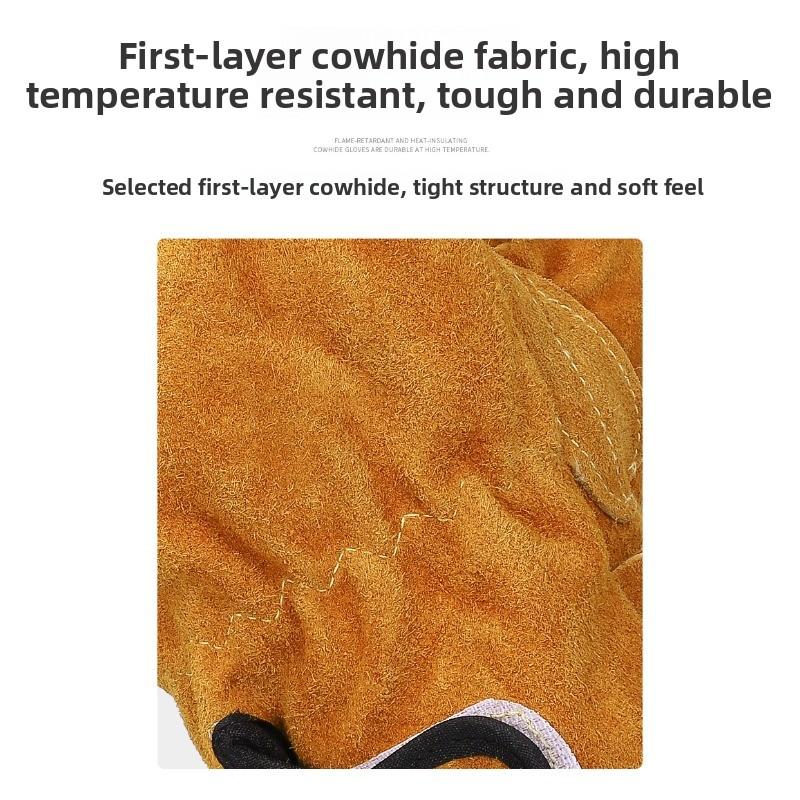 Heat-resistant and flame-retardant gloves, thickened cowhide high-temperature resistant welding leather gloves, durable camping protective gloves