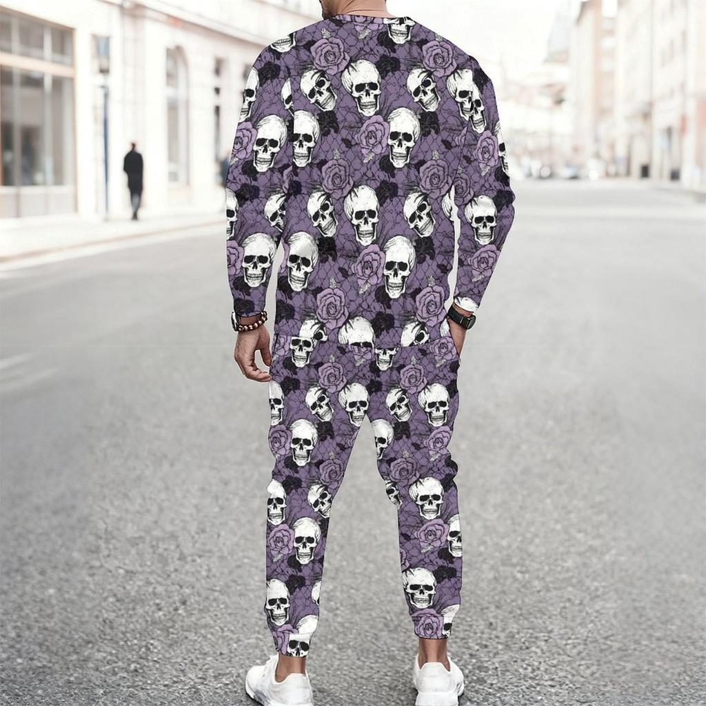 Men Purple Lace Background Skull Purple Rose Print Long Sleeve Sweatshirt And Jogger Pants Two Piece Outfit