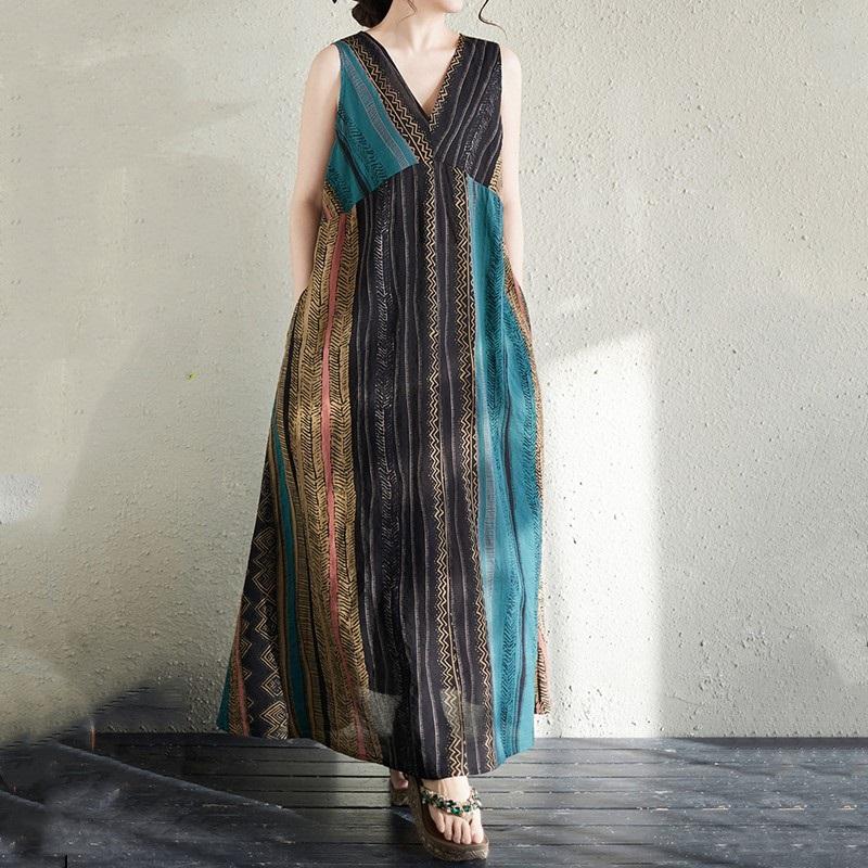 Sleeveless Plus Size Cotton Vintage Stripe New In Dresses for Women Casual Loose Long Summer Dress