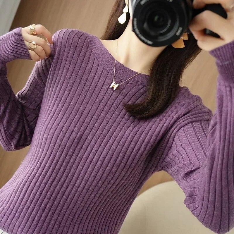 Pulover cu guler rotund Femei Ocazional Topuri tricotate largi Office Lady Fashion Pulover cu mânecă lungă în dungi Haine Tragere caldă 29558